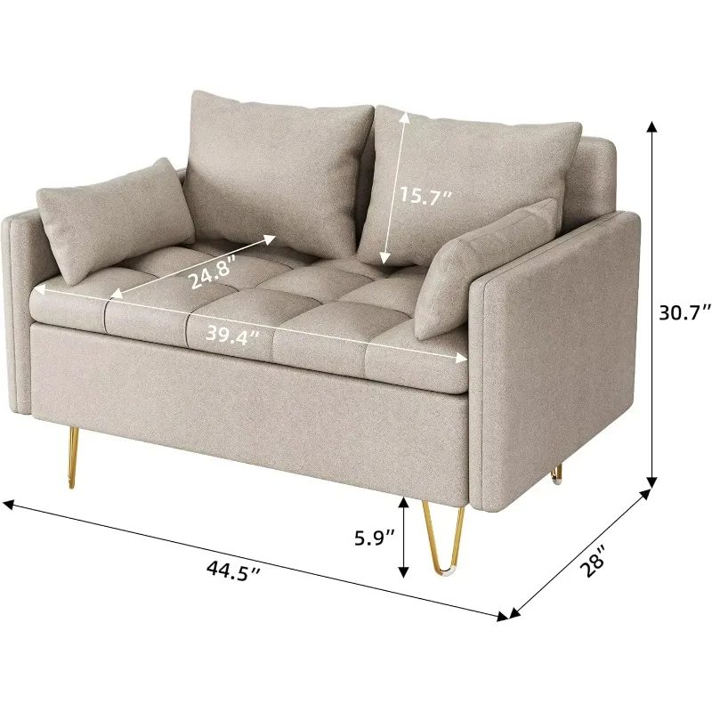 Small Modern Loveseat Sofa Couch with Storage Under Seat Cushion, Comfy Leather Fabric 2-Seat Sofa with 4 Pillows, Memory Foam