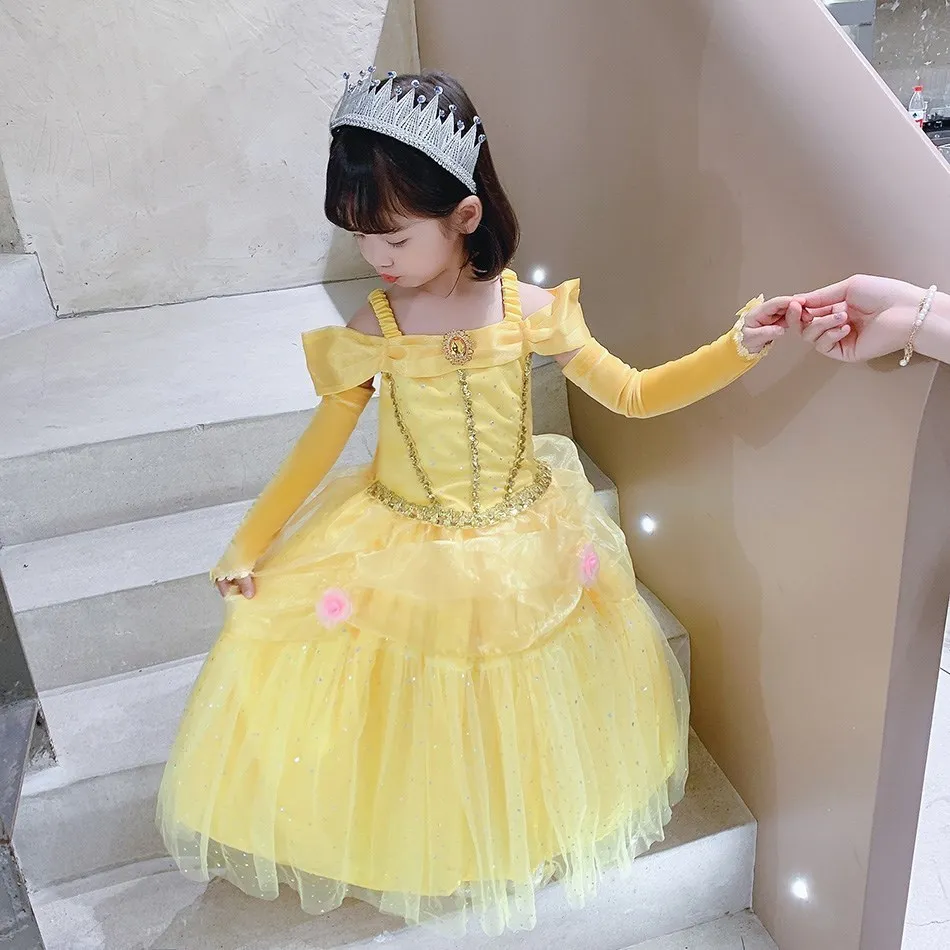 Kids Belle Costume Set Belle Dress Up Princess Clothes Luxuriant Fluffy Dress Floor Length Skirt Royal Robes Girls Cute Clothing