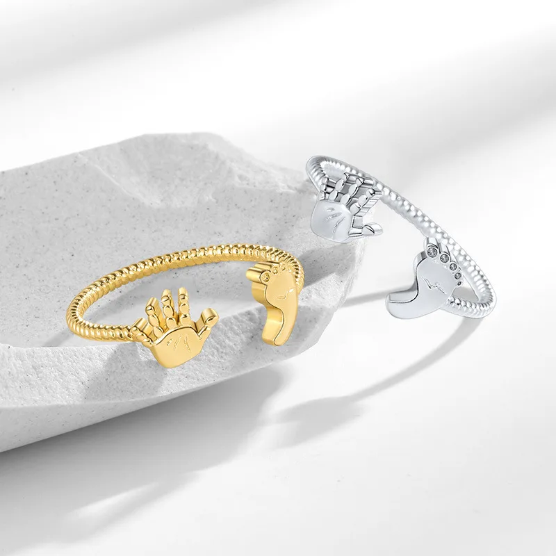 Cute Footprint & Handprint Open Ring Adjustable Stackable Ring for Women Unique Creative Jewelry Gift