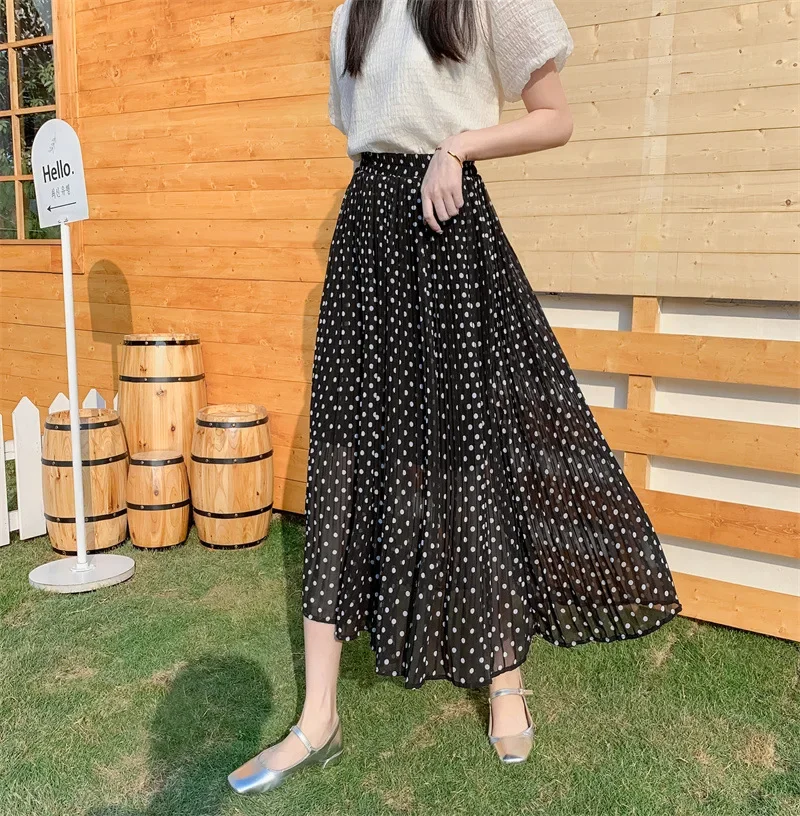 

Pleated Black Skirt Women Stars Print Elastic Waist Fashion 2024 Spring Summer Elegant Mid-calf Jupe for Female