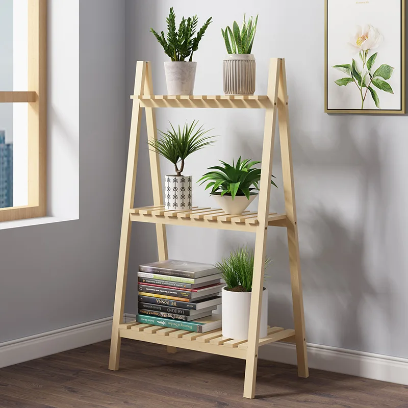 Rural Solid Wood White Flower Rack Floor To Floor Three-layer Storage Rack Folding Multi-layer Storage Rack Living Room
