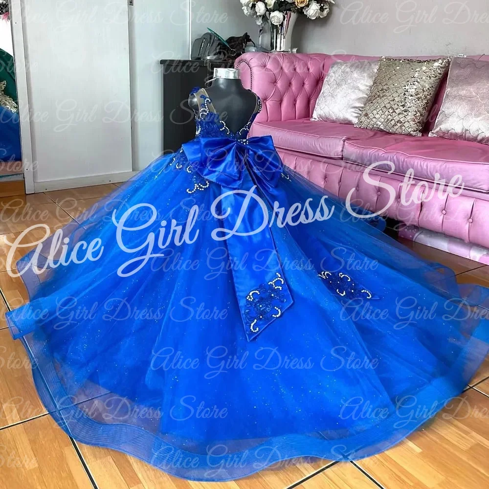 

Customized Royal Blue Flower Girl Dress With Bow Lace Appliques First Communion Ball Birthday Graduation Ceremony Wedding Party