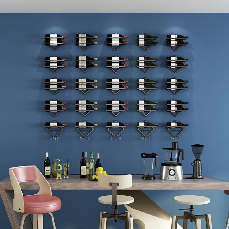 Wall Mounted Metal Wine Rack 3 Long Stem Glass Holder Wine Bottle Display Storage for Kitchen Bar Home Decoration