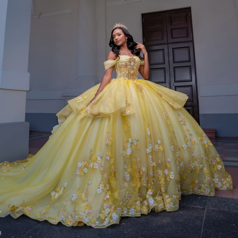 

Yellow Shiny Ball Gown Quinceanera Dresses Flower Lace Beading Crystal Tull Corset Off The Shoulder Sweet 16 Dress vestidos 15