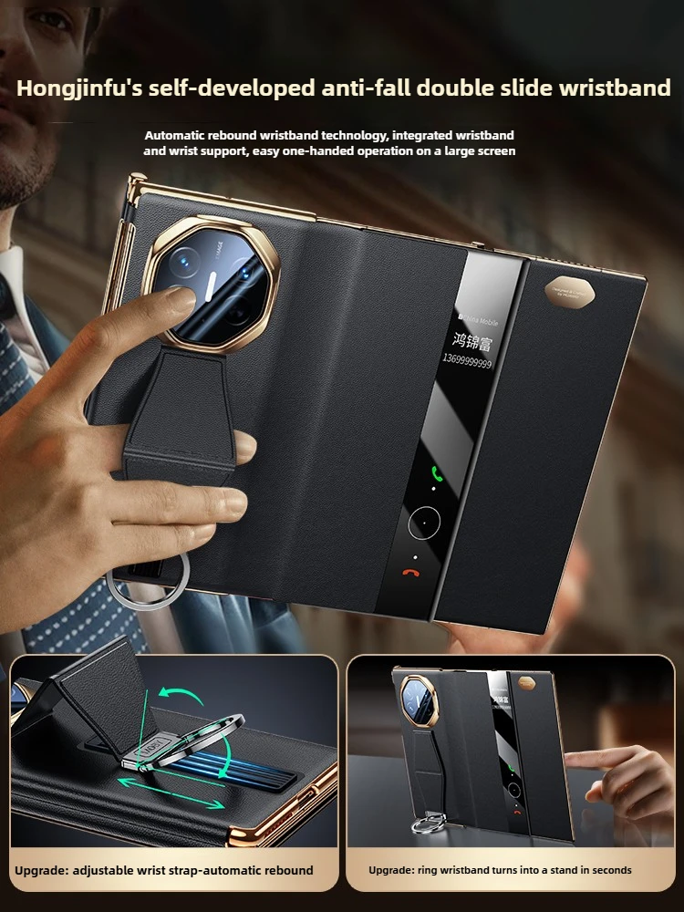 Luxury Genuine Leather for Huawei Mate XTs Case New Wristband Ring Stand Anti-drop Smart Window Full Flip Case for Huawei Mate X