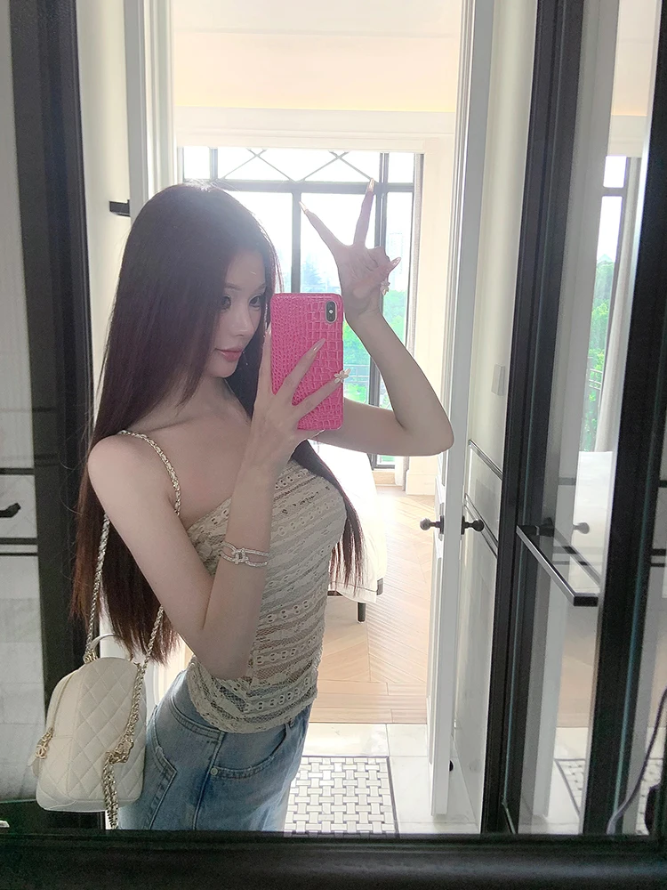 

Элегантный женский топ на одно плечо с кружевной отделкой, облегающий, сексуальный, с подкладкой на груди, абрикосового цвета, в корейском стиле, для повседневной носки