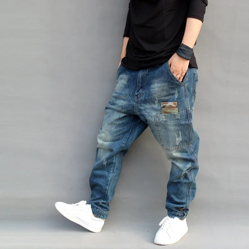 Plus Size S-3XL Men Blue Jogger Jeans Casual Fashion Stretch Elastic Loose Denim Pants Streetwear Hip Hop Drawstring