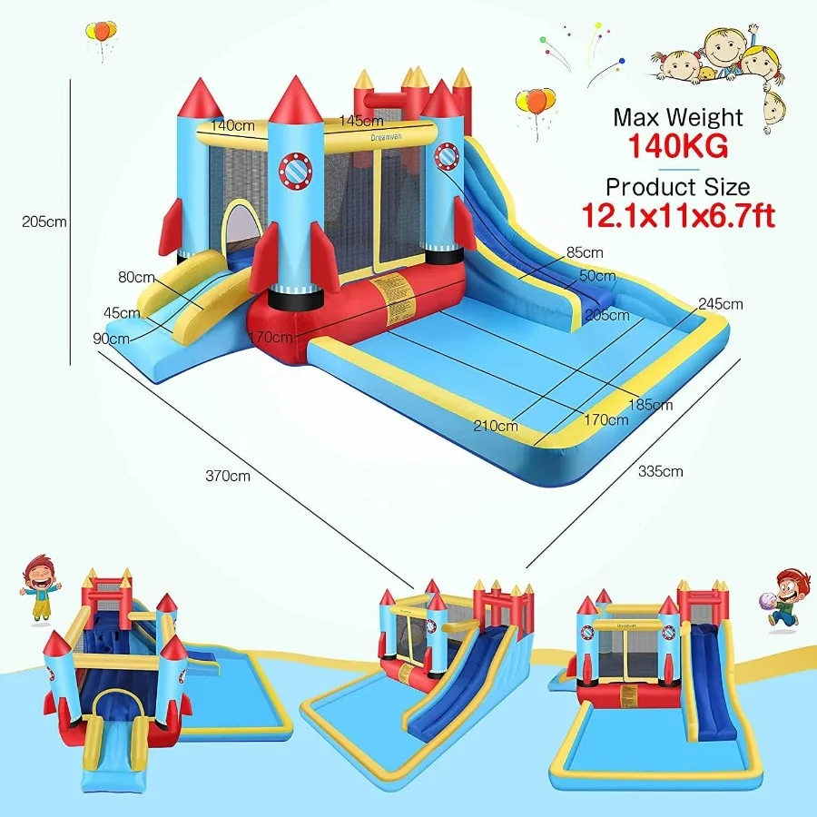 Springkasteel, opblaasbaar springkasteel met ventilator voor kinderen van 3-10, waterpark voor buiten/binnen (146" x 132" x 81")