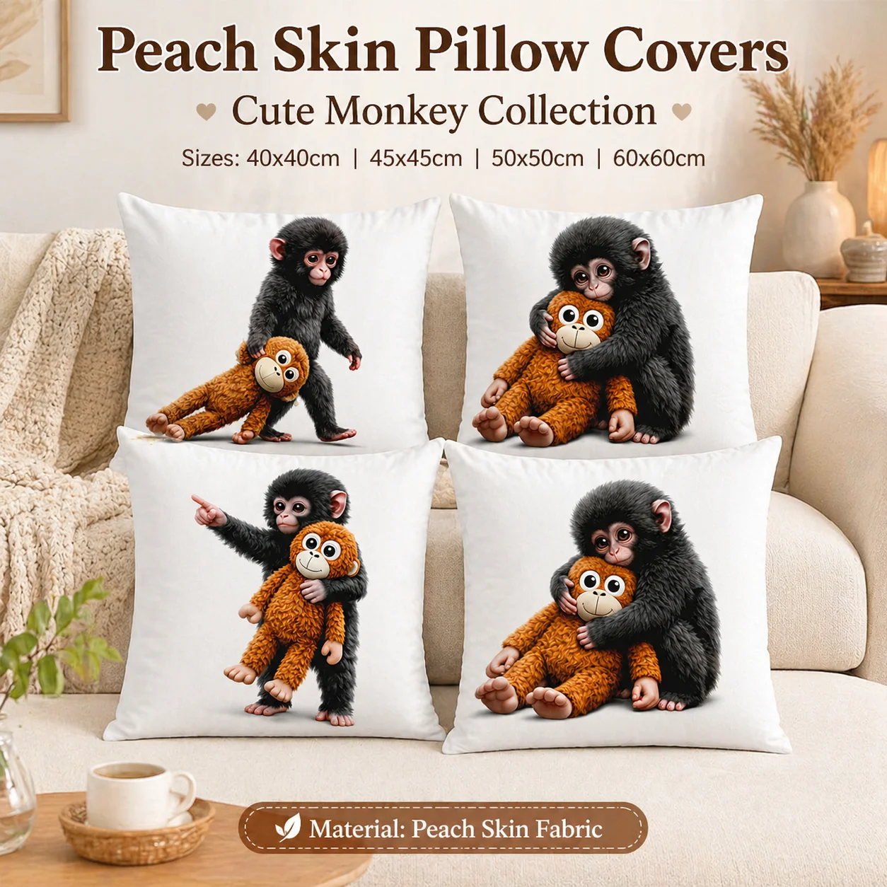 

Cute Monkey Holding Plush 2D Flat Printing Peach Skin Cushion Cover Decorative Throw Pillow Case Sofa Living Room Home Decor