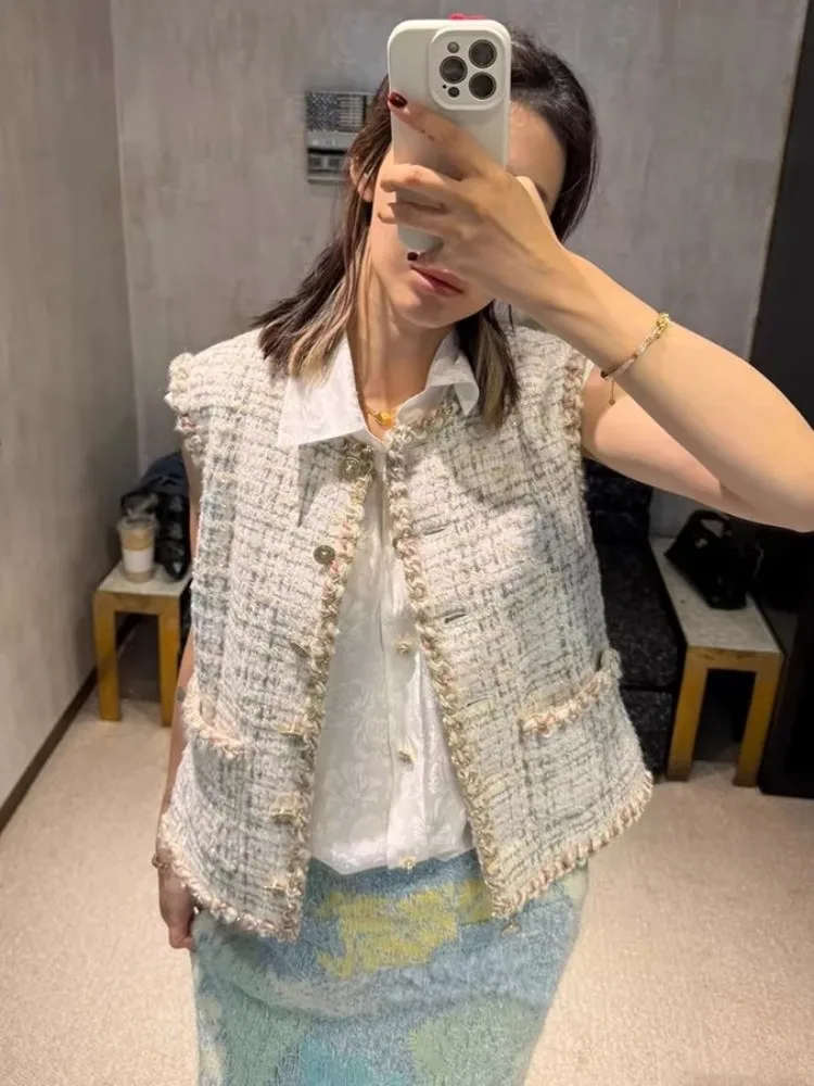 Fashion Women Tweed Sleeveless Jacket Single Breasted O Neck Casual Plaid Waistcoat Elegant Office Women Slim Fit Short Vest