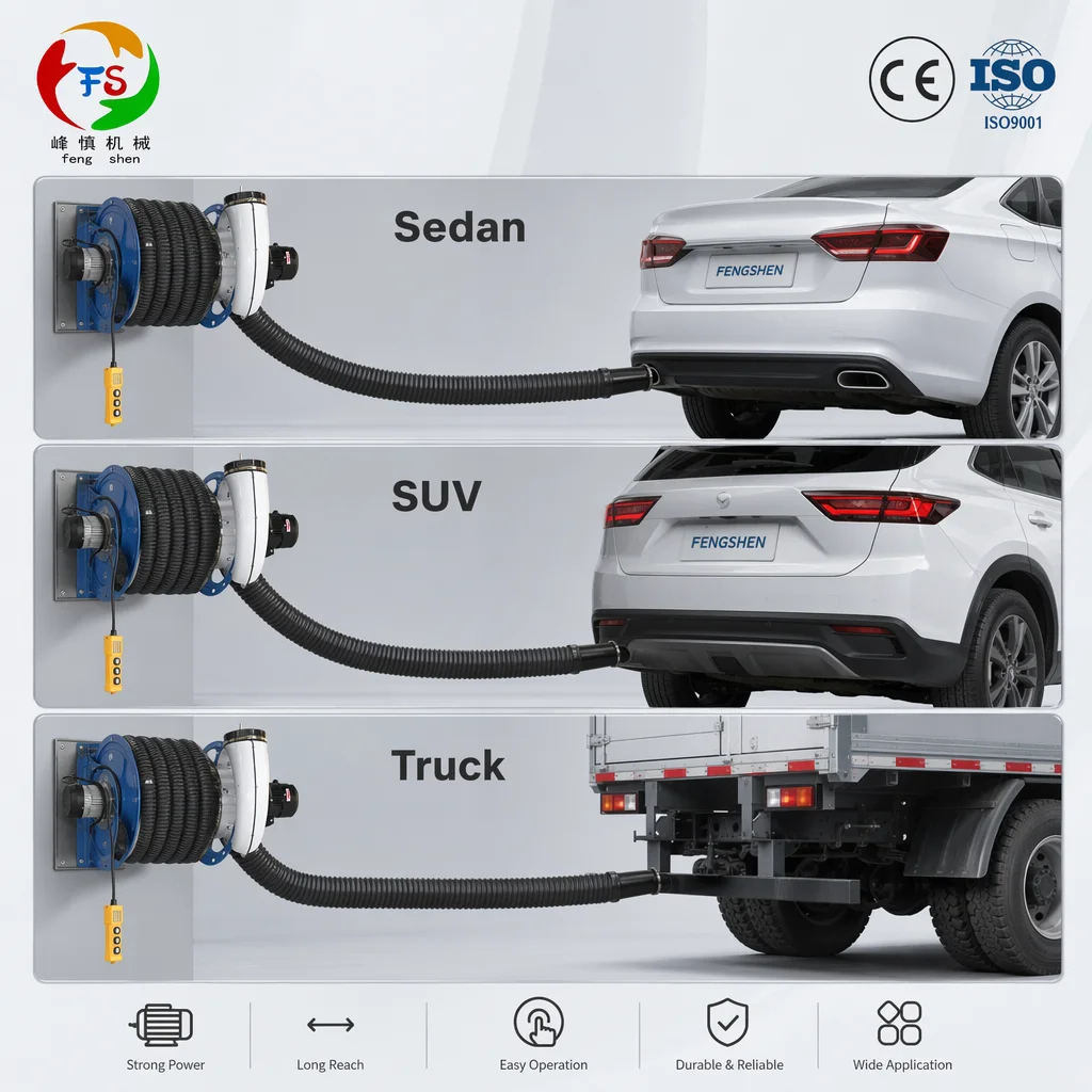 CE ISO Wall Mounted Motor Driven Exhaust Extraction Hose Reel High Airflow Low Noise Handle Suction Nozzle Workshop OEM Rubber