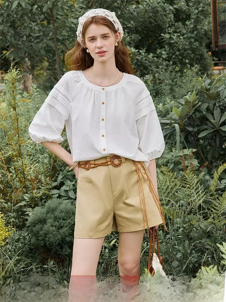 

Cotton-Like Linen Feel Short Sleeve round Neck Lantern Sleeve Shirt Women's Summer New Style Comfortable Breathable French St...