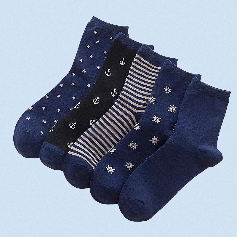 5/10 Pairs Men's Mid-Tube Socks Cotton Socks Spring and Autumn Sports Trend Japanese Cotton Socks Navy Style Men's Sports Socks