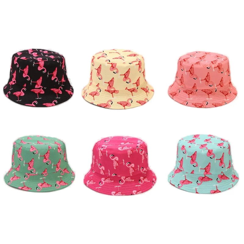 Flamingo print double-sided fisherman hat female trend sunshade sun hat sunscreen basin hat