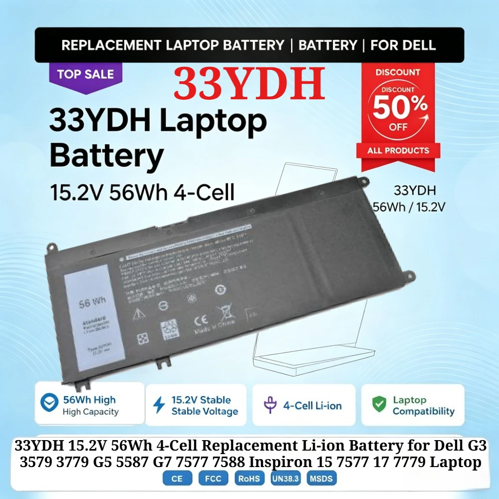 33YDH 15.2V 56Wh 4-Cell Replacement Li-ion Battery for De ll G3 3579 3779 G5 5587 G7 7577 7588 Inspiron 15 7577 17 7779 Laptop