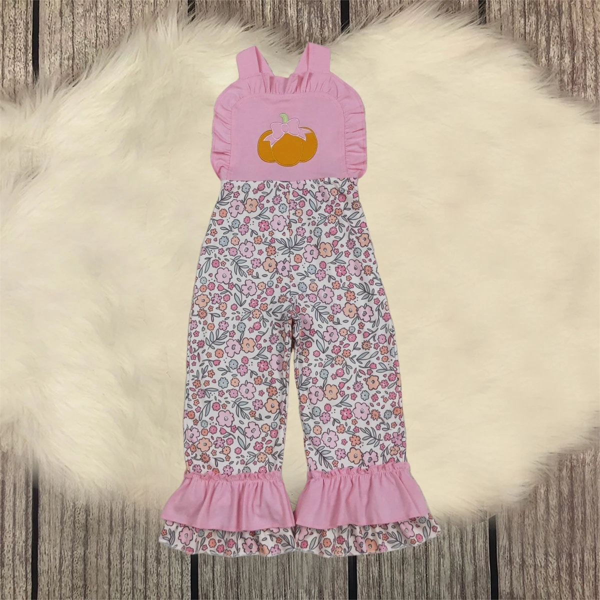 

Toddler Children Embroidery Pumpkin Bow Floral Clothes Baby Kid Infant Overalls Ruffle Bottom Pants Girl Fall Jumpsuit Wholesale