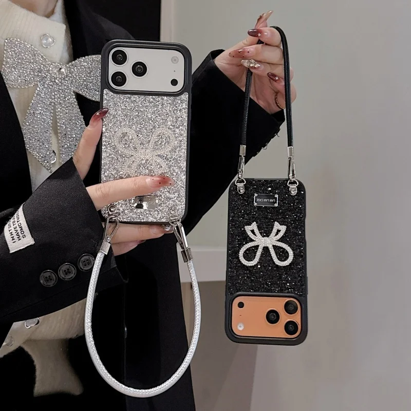 

Cute 3D Glitter Diamond Bowknot Phone Case For iPhone 17 Pro 16 14 13 15 Pro Max Cover with Hand Rope Cases Cute Protective Case