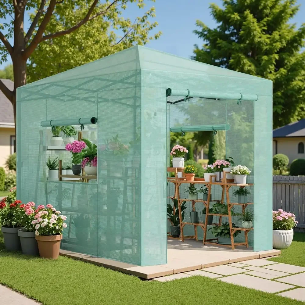 6'x8' Portable Greenhouse with Center Lock, PE Film, Zip Door & 2 Roll-up Windows, Easy Assembly (Green)