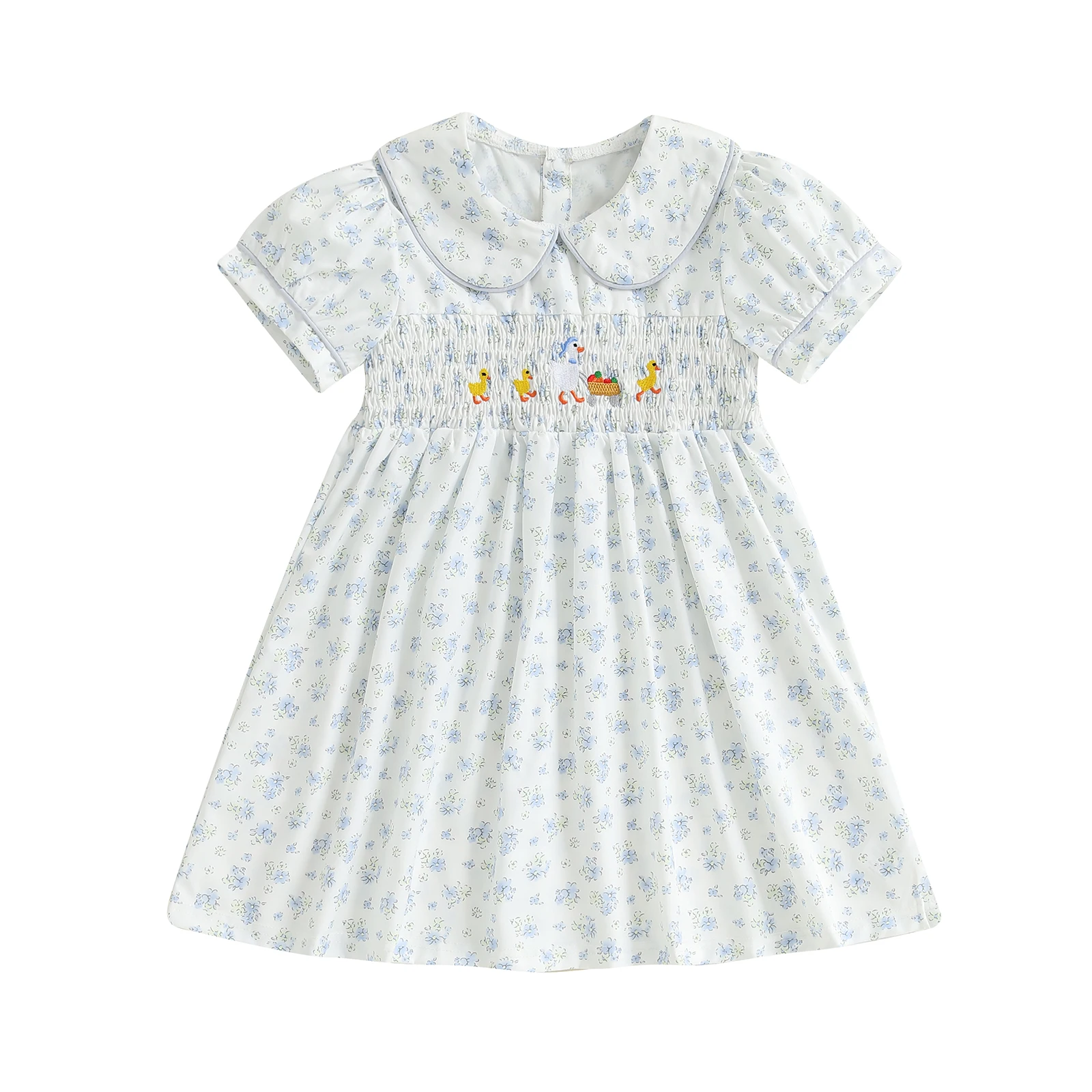 

Toddler Girl Summer Floral Dress Duck Embroidery Short Sleeve Doll Collar A Line Dress