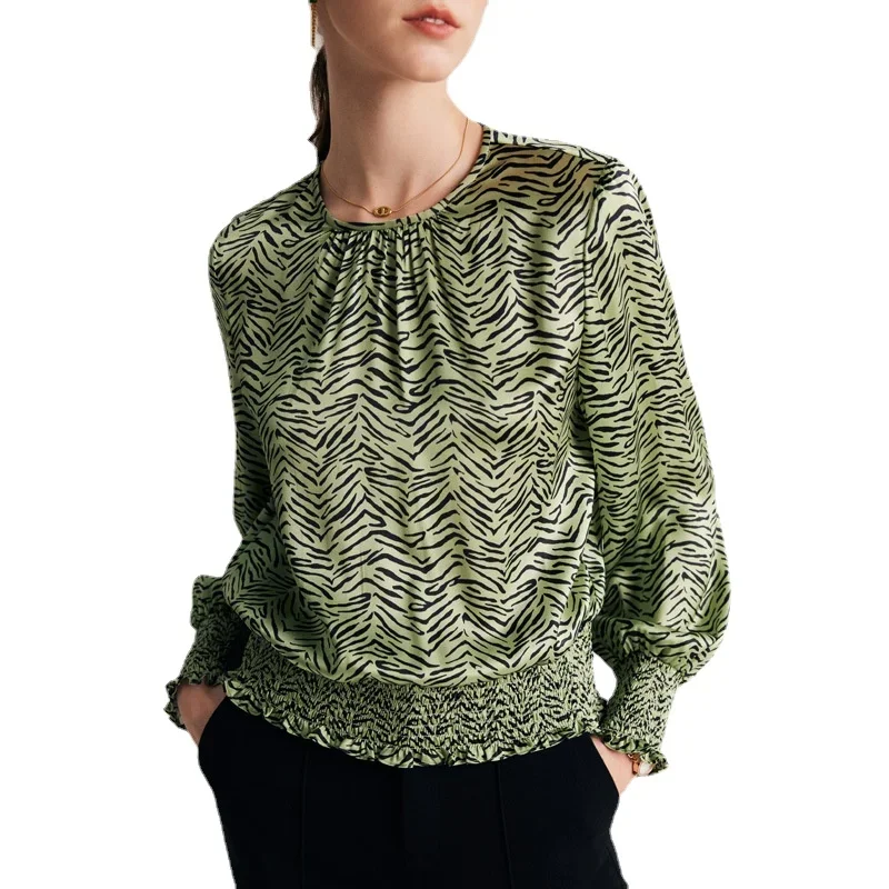 

Spring 90% Real Silk Tops Blouses 2025 Round Neck Long Sleeved Printing Pullovers Shirts for women