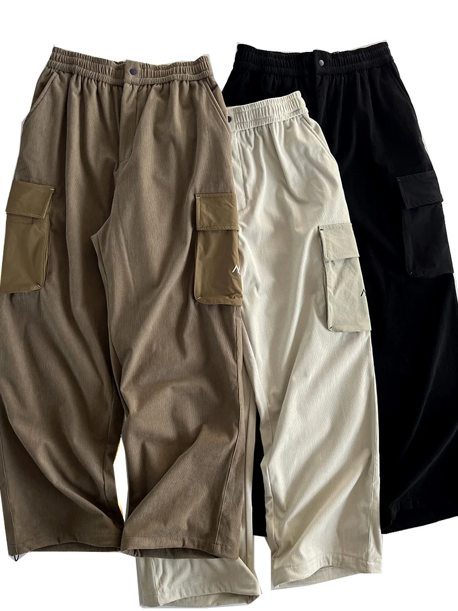 

Loose Straight Leg Corduroy Pants Autumn Winter Patchwork Multiple kets Thin Fce Warm Trendy Brand Cuffed Workwear