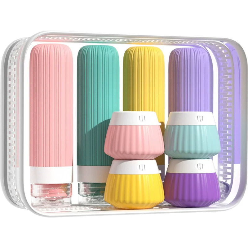 8-in-1 Silicone Travel Kit, Leak-Proof Multi-Color Bottles for Shampoo & Lotion, Portable Foldable Design