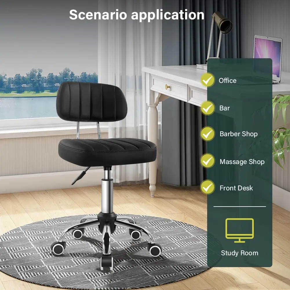 Black Square Swivel Stool With Wheel Perfect For Work Spa Shop Massage Height-Adjustable And Cost-Effective Rolling Stool Chair