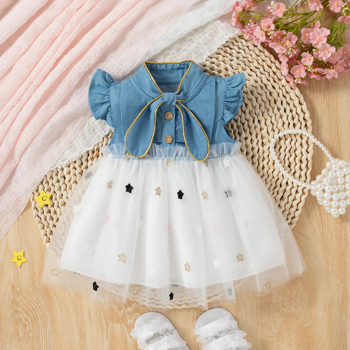 Baby Denim Dress Baby Girl Star Embroidered Gauze Princess Dress Cute Baby Clothes