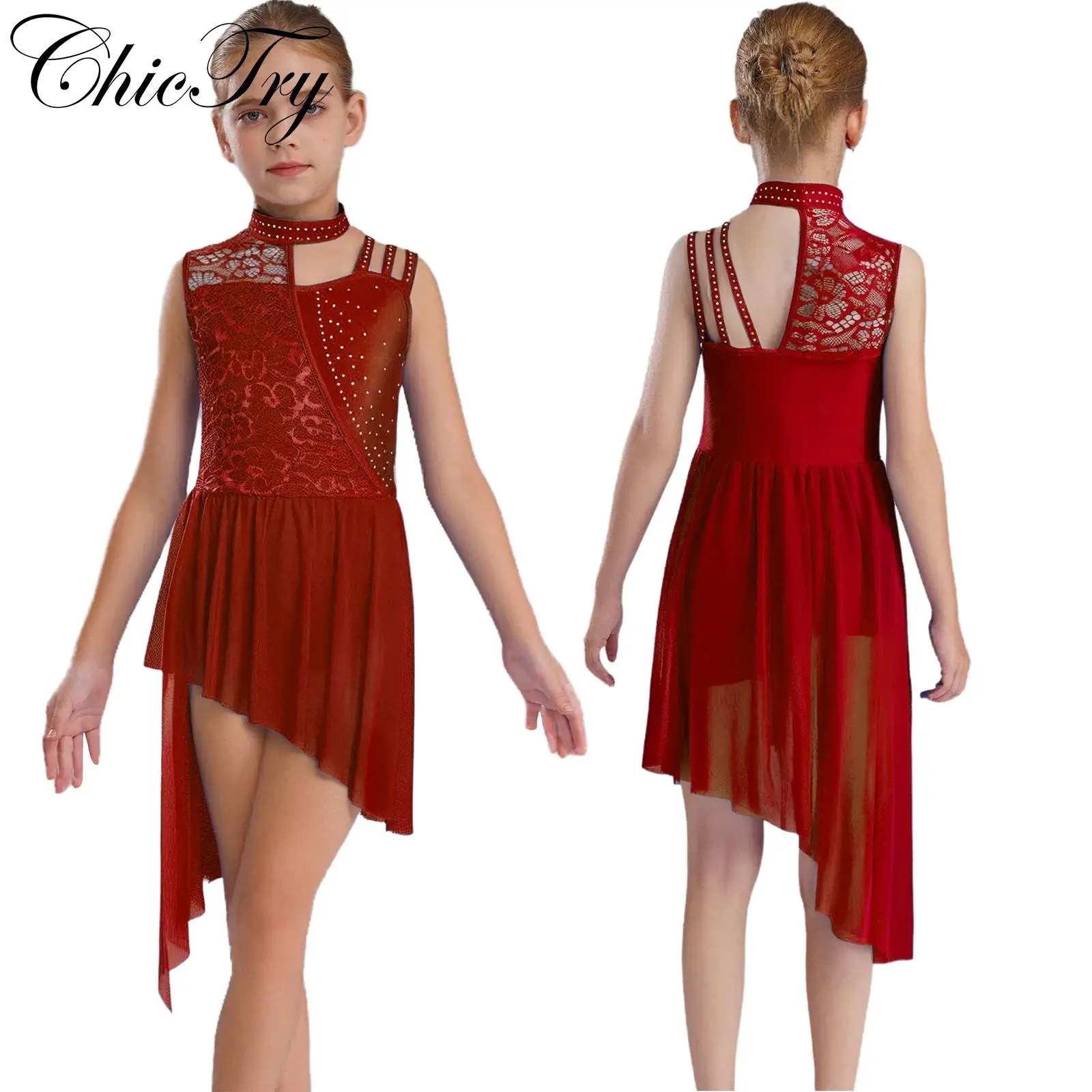 

Kids Girls Lyrical Dance Dress Sleeveless Mock Neck Modern Contemporary Dancewear Lace Rhinestones Irregular Hem Leotard Dress