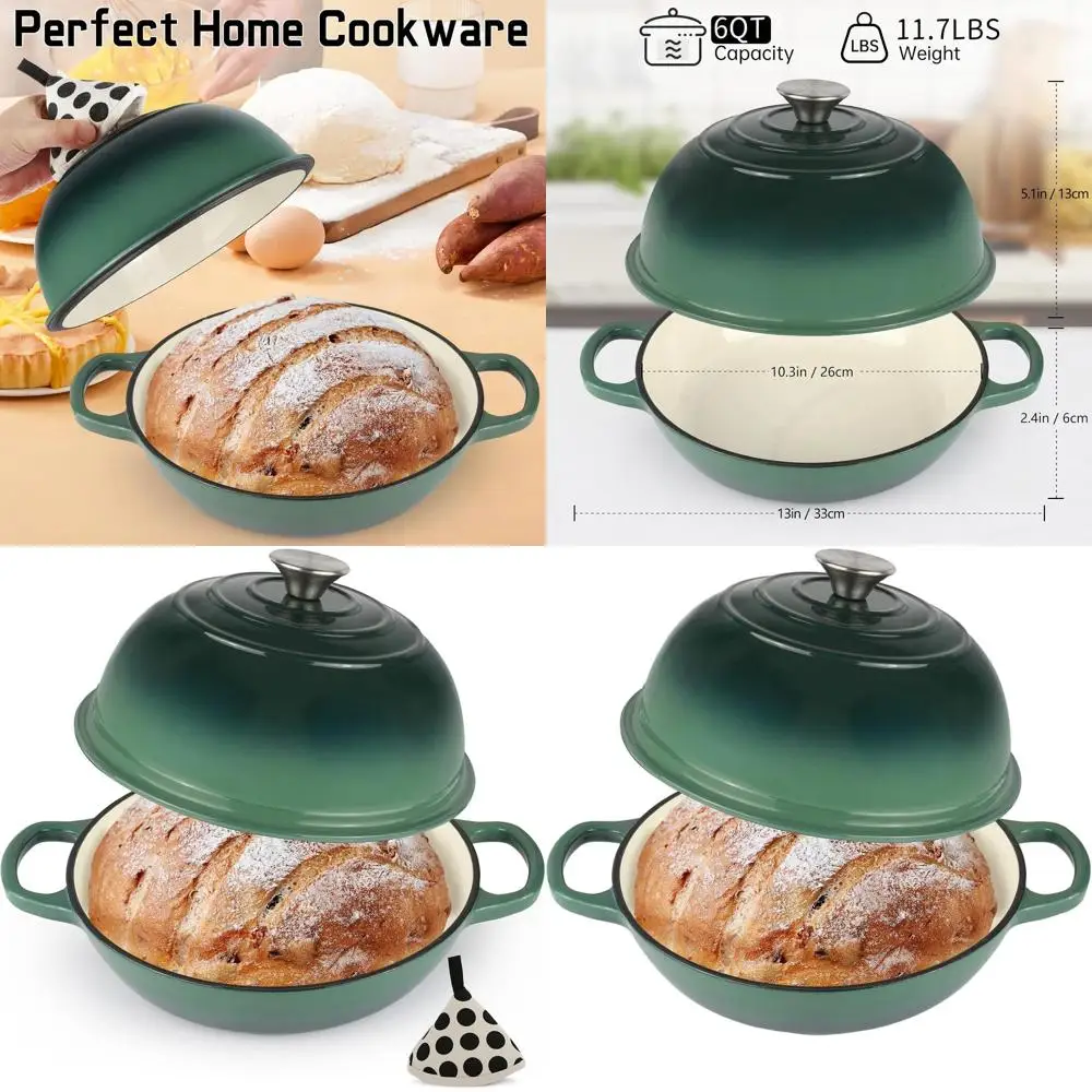 

Green 10 Enamel Dutch Oven with Lid & Potholder, 6-Quart Cast Iron Bread Baking Pan