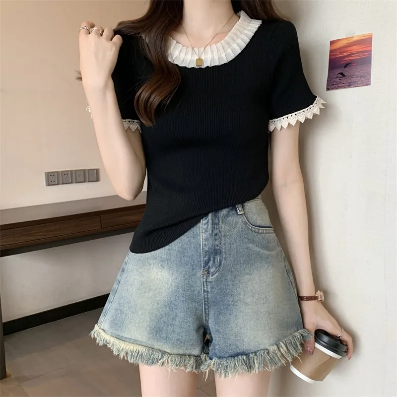 Short-sleeved Knitted T-shirts Women O-neck Pullovers Solid Color Lace Splicing Tops Office Lady Versatile Slim Blouse Female