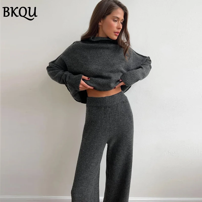 BKQU Women\'s Knitted Two Piece Pants Set 2024 Autumn Winter Turtleneck Sweater and Wide Leg Long Pants Matching Homewear Suits