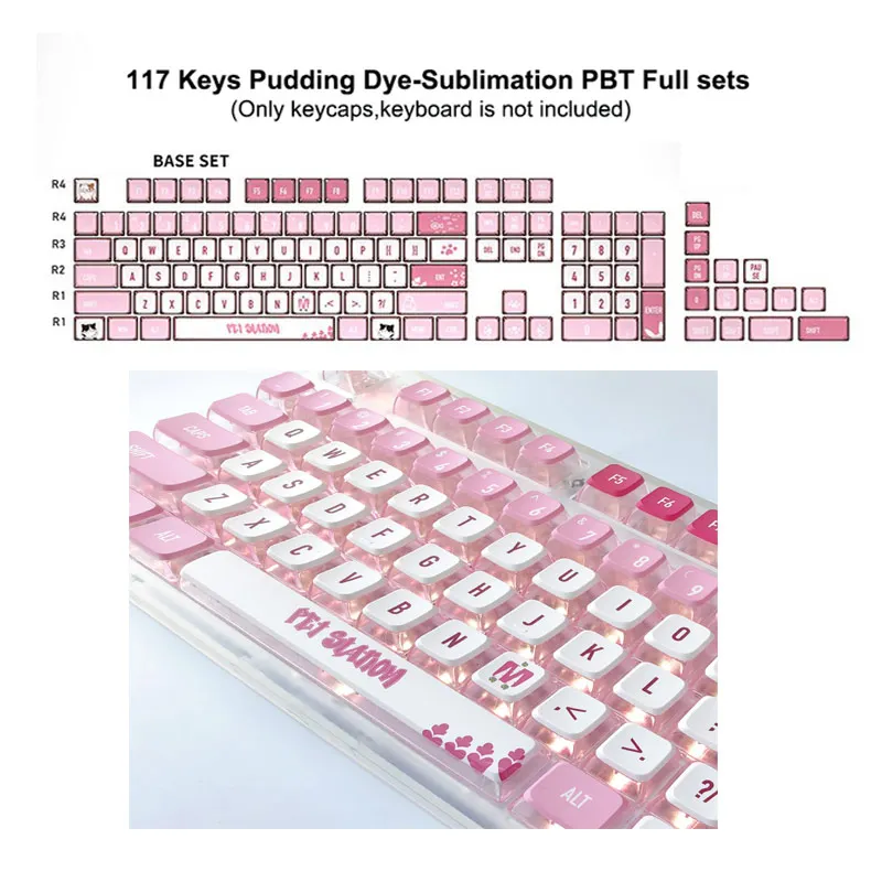 118-keycaps keycaps สีชมพูแมวโปร่งใส PBT sublimation ASA สองผิวนมสีขาวสำหรับแป้นพิมพ์กล DIY สำหรับสาวๆ