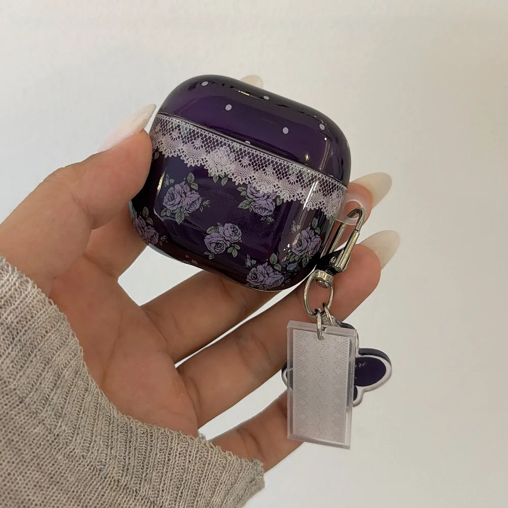 purple lace flower gloss soft protection cover case for apple airpods 1 2 3 4 pro2 pro3 bluetooth earphone charging box cover - view 3