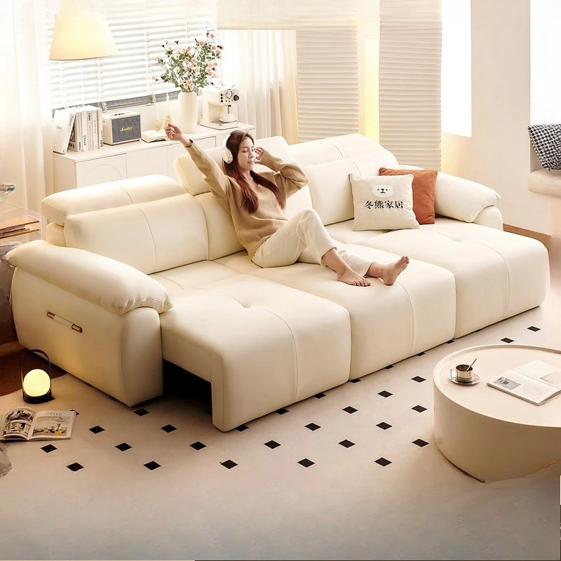 Cream sofa bed retractable small apartment living room zero wall adjustable leather electric sofa