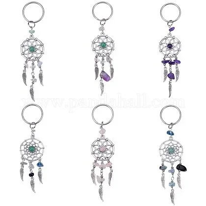 

SUNNYCLUE Natural Gemstone Chip Keychain with Sliver Pendants and Sliver Key Ring Woven Net Web with Feather Antique