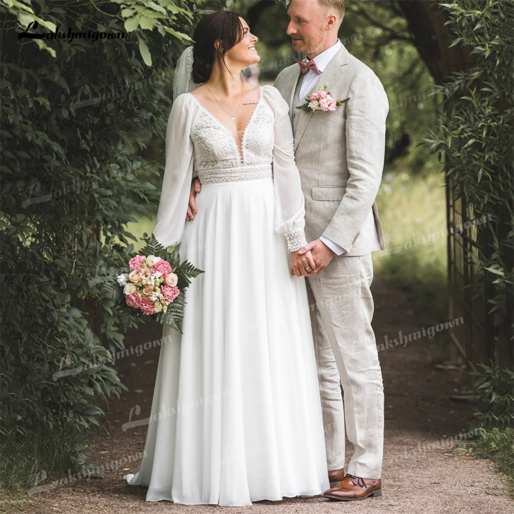 Klassisches, individuelles Brautkleid in A-Linie aus Chiffon mit V-Ausschnitt und Laternenärmeln für formelle Anlässe, Brautkleider, Vestido de Novia