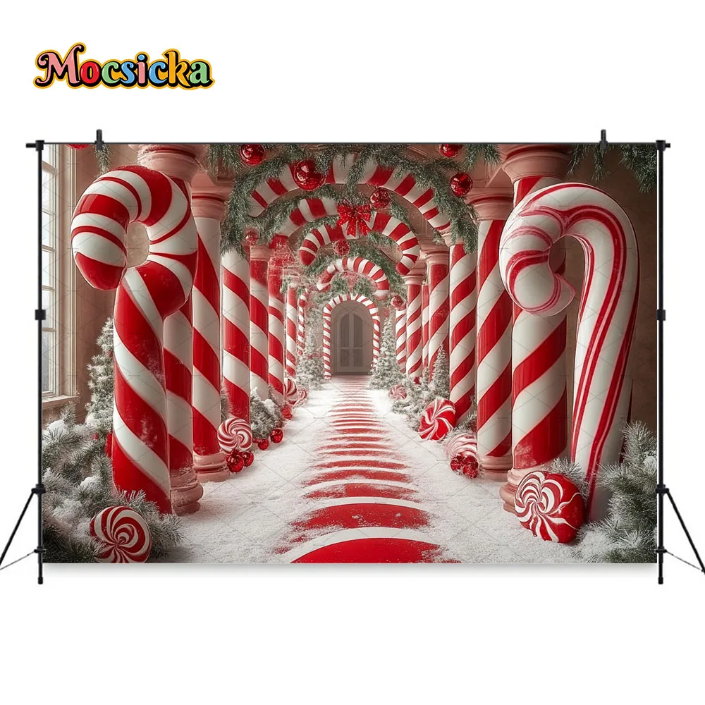Mocsicka Christmas Candy Cane Arch Photography Background Xmas Wreath Snowy Wonderland Backdrop Winter Kid Birthday Photo Studio