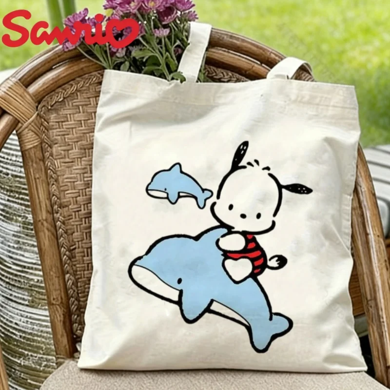 1 bolsa de lona awaii Sanrio Pochacco con diseño de delfines, reutilizable, ecológica, para compras.