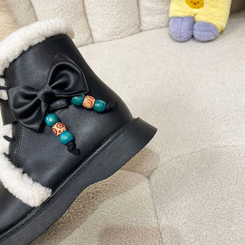 ORCHA LISAFashion أفخم حذاء من الجلد الدافئ جولة تو 2.5 سنتيمتر كعب منخفض سستة الدانتيل يصل Bowknot حجم صغير 31 32 33 طالب الأحذية