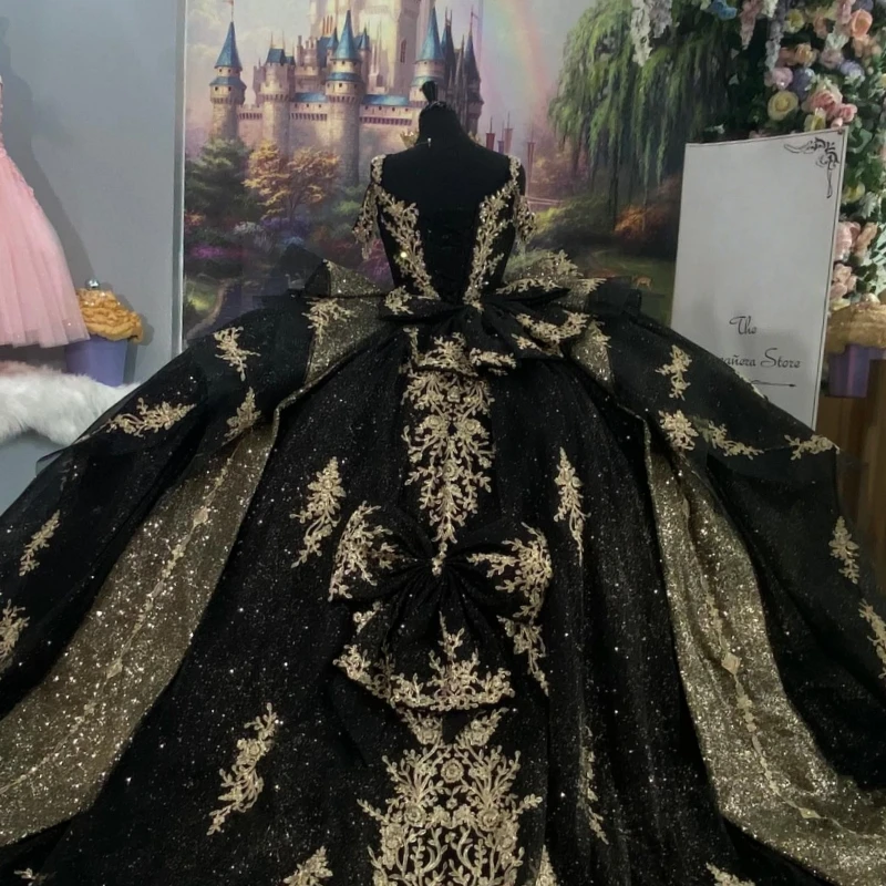 فستان أسود لامع للأميرة الحلو 16 فستان فساتين Quinceanera مزين بالدانتيل والخرز تول حفلة عيد ميلاد فيستدوس 15 دي أنوس