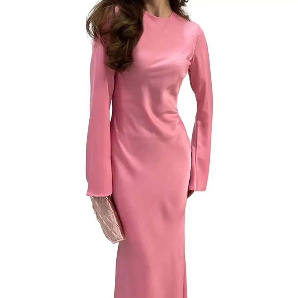 새틴 패션 슬림 맥시 원피스 여성용, 긴팔, 하이웨이스트, 우아한 솔리드 파티 원피스, 캐주얼 럭셔리 숙녀, 가을 랩스커트 원피스