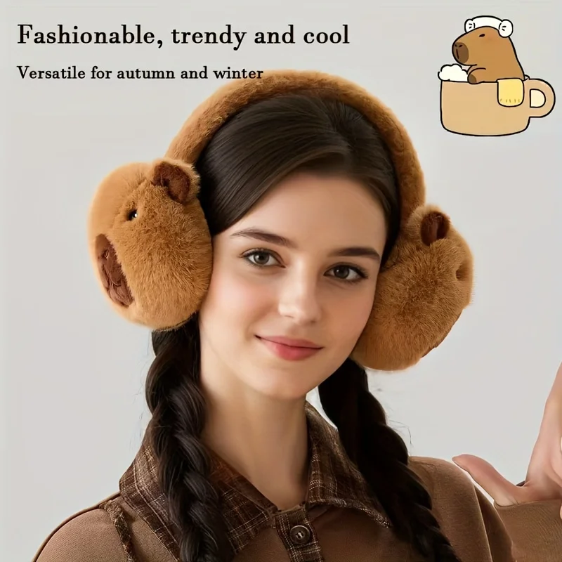 أغطية أذن مريحة من القطيفة كابيبارا للنساء - تصميم كرتوني لطيف، أغطية أذن قابلة للطي ودافئة، إكسسوار شتوي مثالي #4