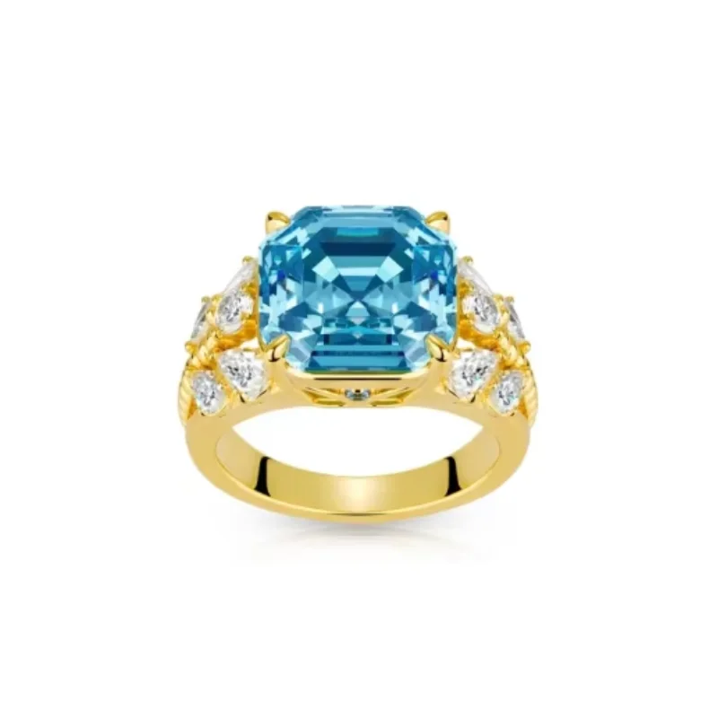 Bellux 925 Silver Synthetic Zircon Rings Blue Asscher Cut Sapphire Four Claw Luxury Shining Fashion Ring For Women