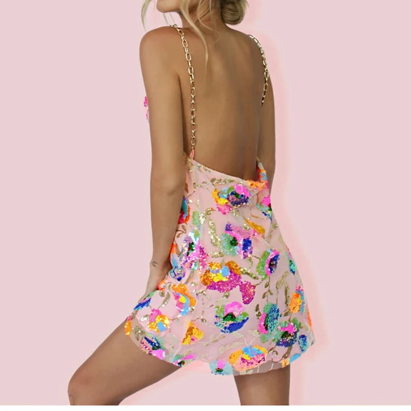

Fashion Colored Sequins Nightclub Short Dress Chic Low Cut Print Mini Dress Sexy Sleeveless Backless Metal Chain Suspender Dress