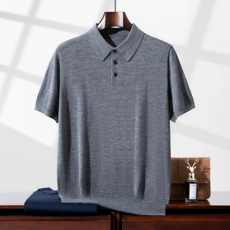 

Мужской свитер из 100% шерсти Yangtze, короткий рукав, повседневный вязаный пуловер, футболка-поло, свободный джемпер, высококачественная ткань