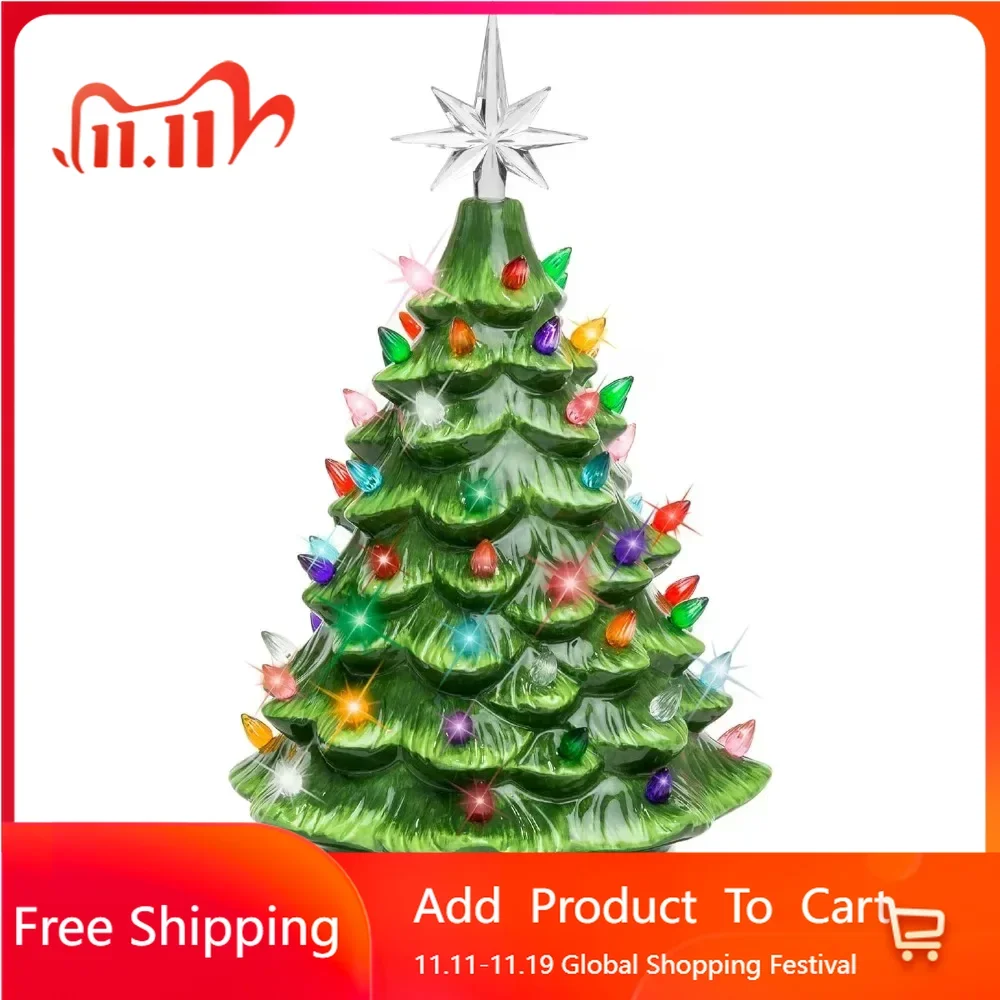 

15in Ceramic Christmas Tree, Pre-lit Hand-Painted Tabletop Holiday Tree, Star Topper, 64 Lights - Green w/Multicolored Bulbs