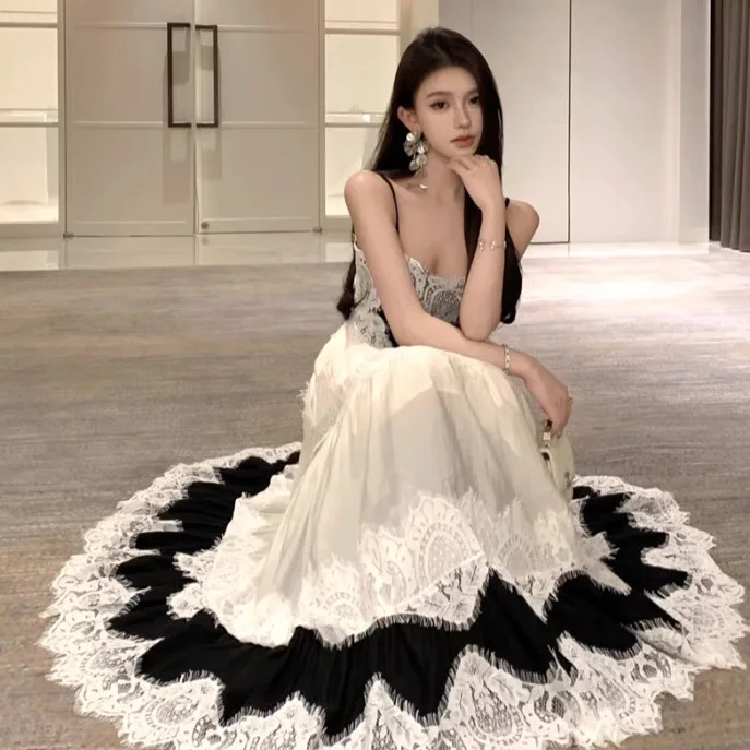 Heavy Embellished Lace Splice Maxi Skirt Women Black White Color Block Waist Cinching Slimming Strap Dress Long Holiday Fairy...