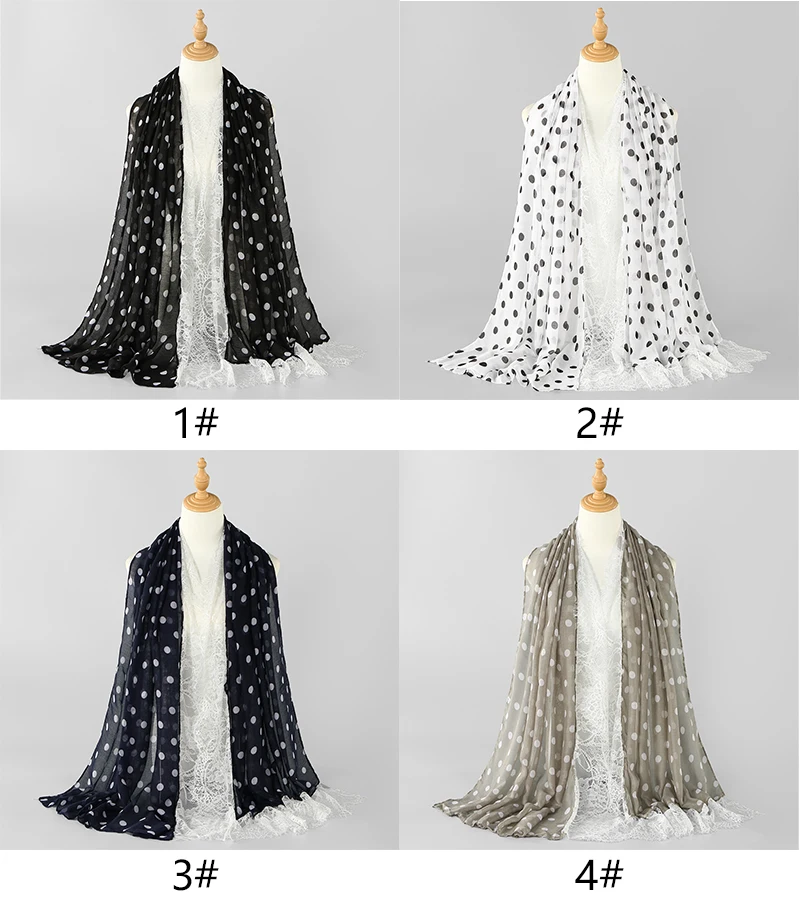 Heißer Verkauf Chiffon Viskose Polka Dot Print Schal Französischer Romantischer Spitzenrand Muslimischer Hijab Modisches Design Damen Schal Ramadan Eid – Detail 7