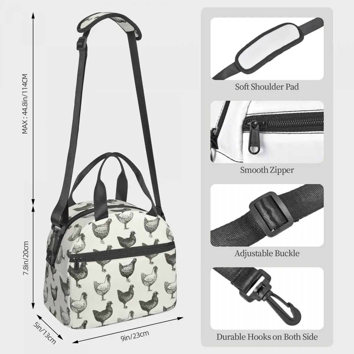 Farm Rooster Hen Large Thermal Insulated Lunch Bag With Adjustable Shoulder Strap Retro Farm Birds Portable Bento Lunch Boxes